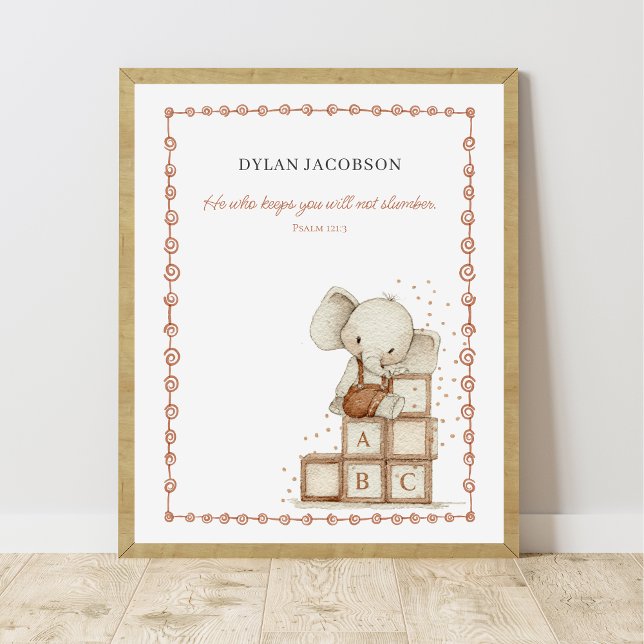 Customizable Watercolor Baby Elephant on ABC Block Poster (Creator Uploaded)