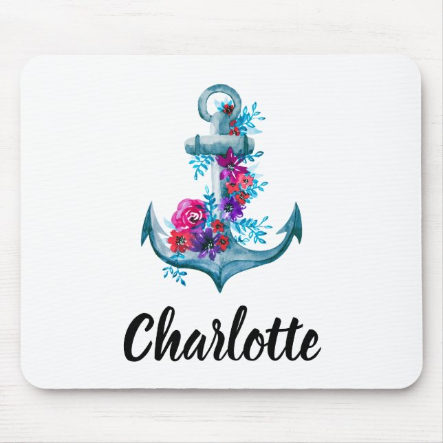 Customizable Watercolor Floral Anchor Illustration Mouse Pad (Front)