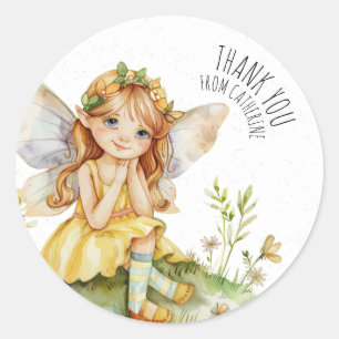 Customizable Watercolor Garden Fairy Thank You Classic Round Sticker