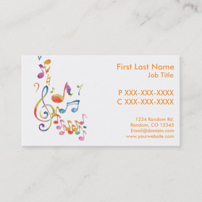 Customizable watercolor music notes business cards (Front)