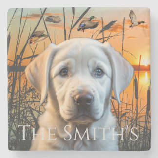 Customizable Wedding Gift, White Labrador Puppy Stone Coaster