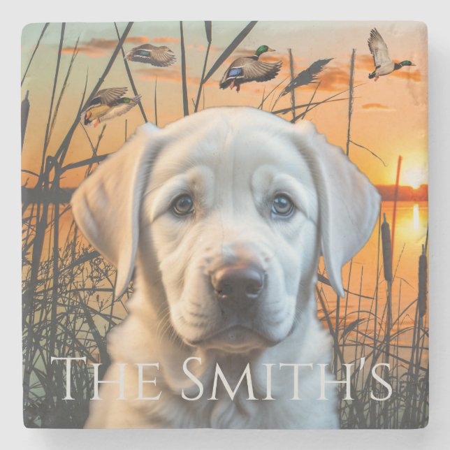 Customizable Wedding Gift, White Labrador Puppy Stone Coaster (Front)