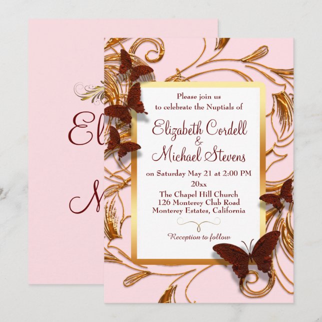 Customizable Wedding invitation pink faux gold (Front/Back)