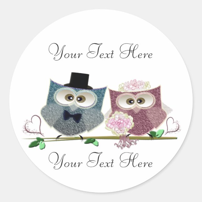 Customizable Wedding Owls Art Classic Round Sticker (Front)