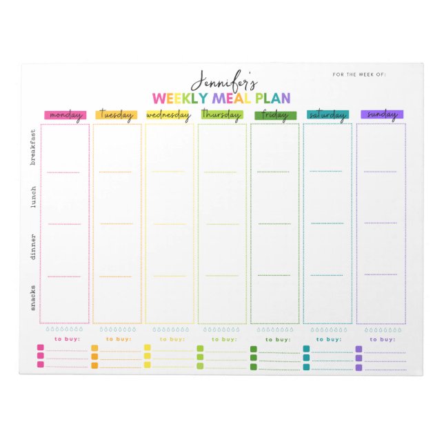 Customizable Weekly Meal Plan Notepad (Front)