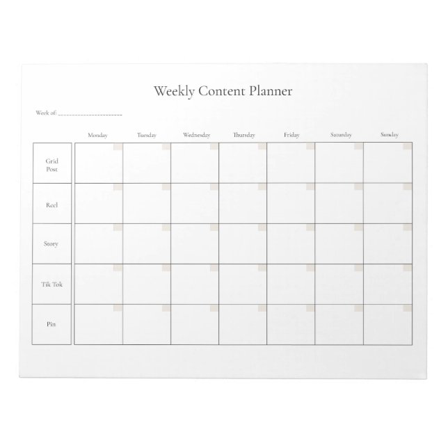 Customizable Weekly Social Media Content Planner Notepad (Front)