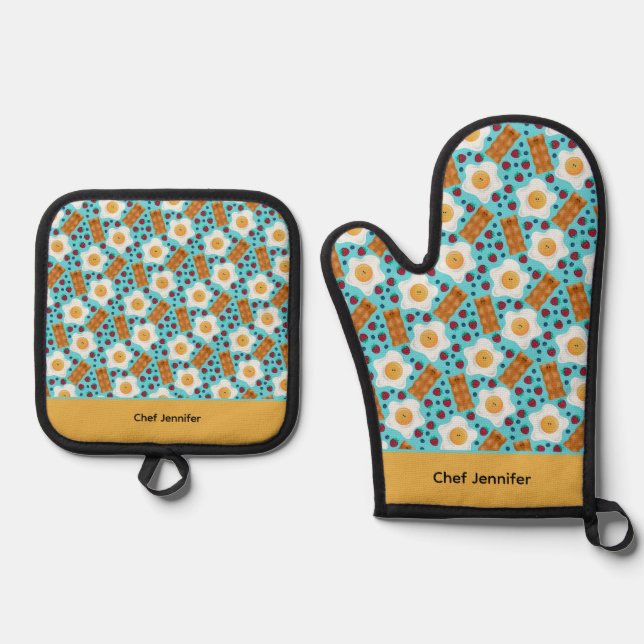 Customizable Whimsical Egg and Bacon Oven Mitt & Pot Holder Set (Front)