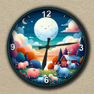 Customizable Whimsical Farmyard Nighttime Round Clock