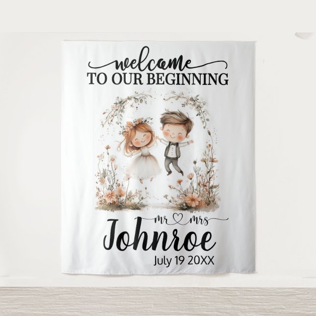 Customizable Whimsical Wedding Backdrop Tapestry (Front)
