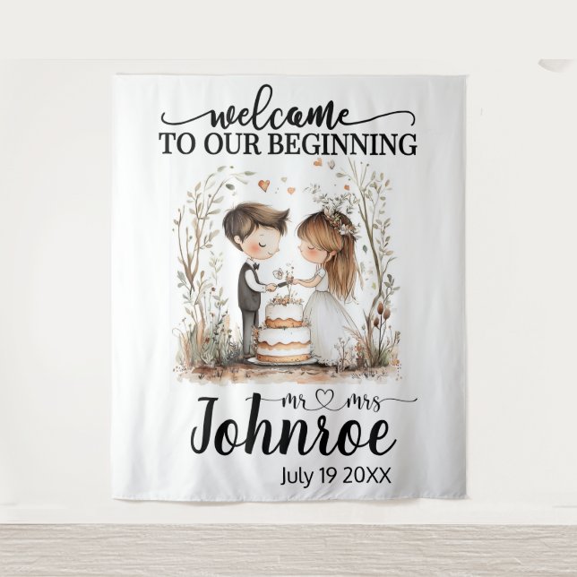 Customizable Whimsical Wedding Backdrop Tapestry (Front)