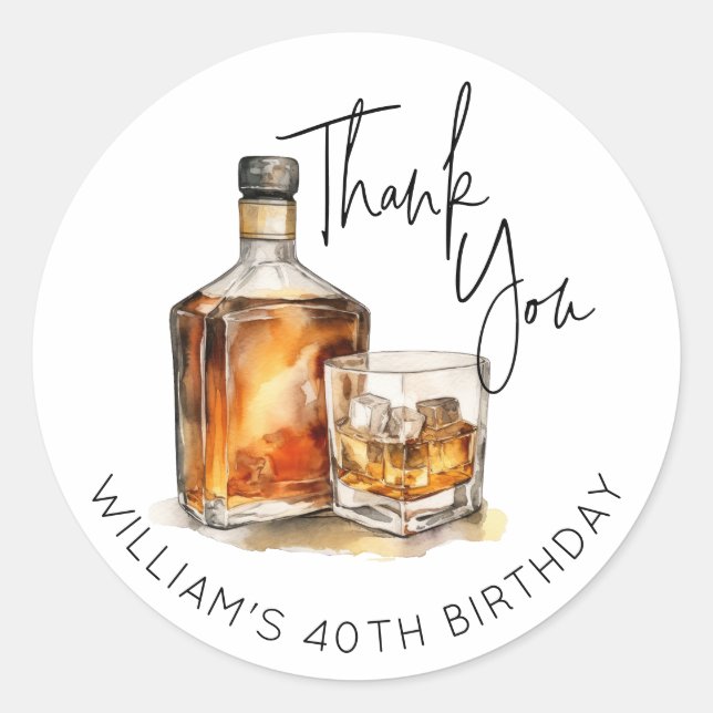 Customizable Whiskey Bottle Birthday Thank You Classic Round Sticker (Front)
