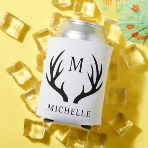 Customizable White And Black Deer Antler Monogram  Can Cooler