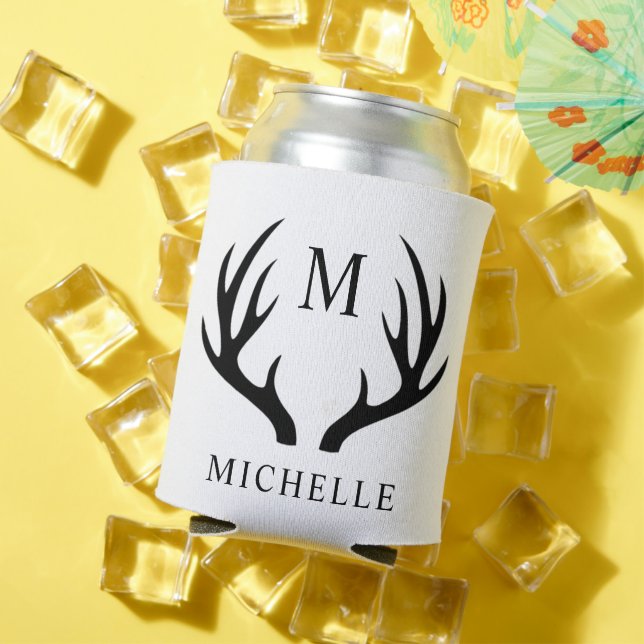 Customizable White And Black Deer Antler Monogram  Can Cooler (In Situ Summer)
