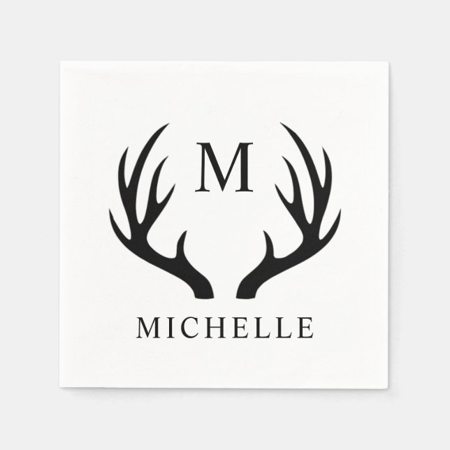 Customizable White And Black Deer Antler Monogram  Napkin (Front)