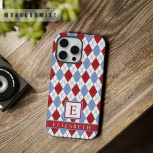 Customizable White Blue Red Argyle Pattern iPhone 15 Pro Max Case