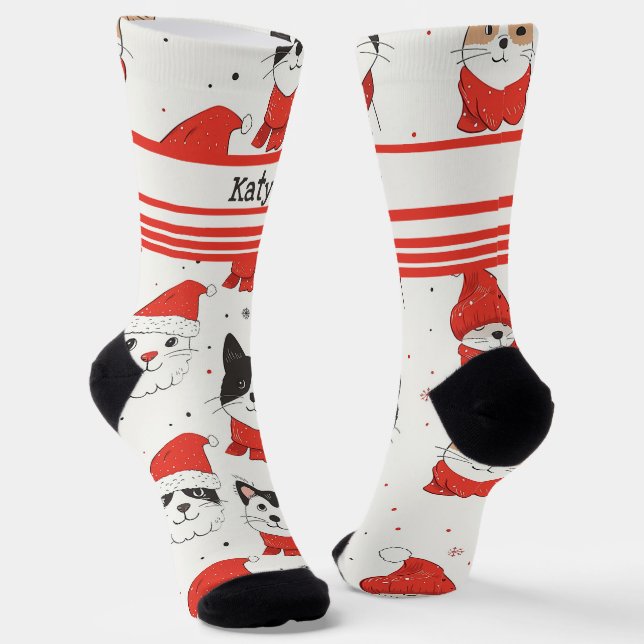 Customizable White Christmas Cats Socks (Angled)