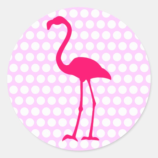 Customizable White Polka Dot Hot Pink Flamingo Classic Round Sticker (Front)