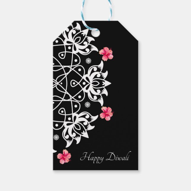 Customizable White Rangoli with hibiscus  Gift Tag (Front)
