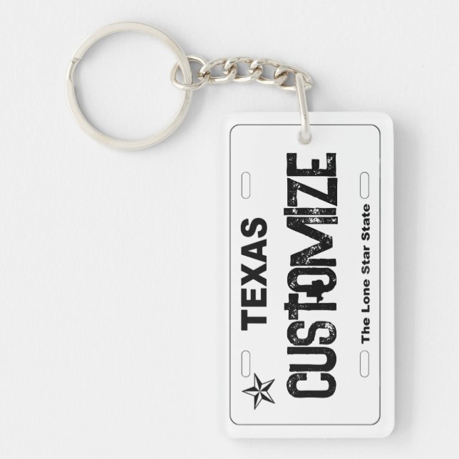 Customizable white Texas license plate keychain (Front)