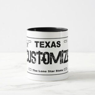 Customizable white Texas license plate mug