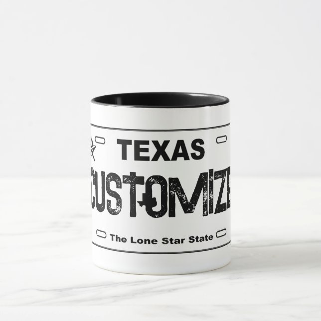 Customizable white Texas license plate mug (Center)