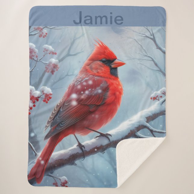 Customizable Winter Cardinal Fleece Blanket,  Sherpa Blanket (Front)