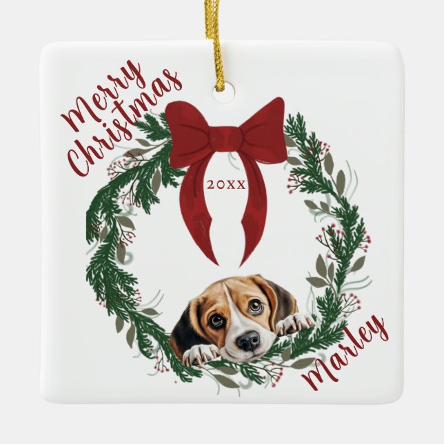 Customizable Wreath Beagle Dog Square Ornament (Front)