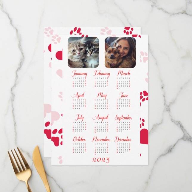Customizable Yearly Calendar with Red Paw Prints Menu (Front/Back In Situ)