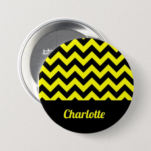 Customizable yellow and black chevron pattern 3 inch round button (Front & Back)
