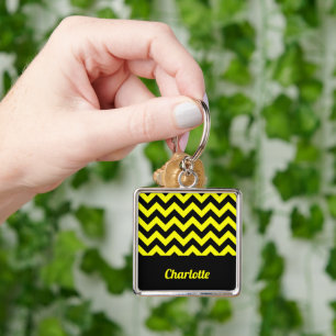 Customizable yellow and black chevron pattern keychain