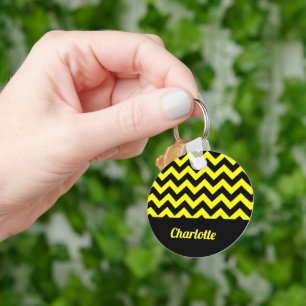 Customizable yellow and black chevron pattern keychain