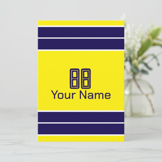 Customizable Yellow and Blue Stripes Burlap Design Invitation (Standing Front)