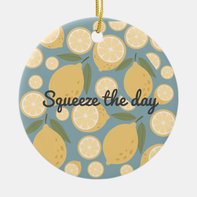 Customizable Yellow Lemon Seamless Pattern Ceramic Ornament (Front)