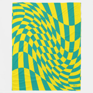 Customizable Yellow Teal Warped Chequered Illusion Fleece Blanket