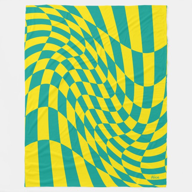 Customizable Yellow Teal Warped Chequered Illusion Fleece Blanket (Front)