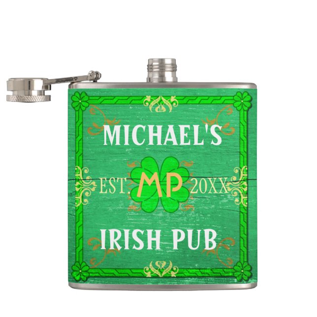 Customizable Your Name Irish Pub Green Hip Flask (Opened)