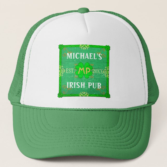 Customizable Your Name Irish Pub Green Trucker Hat (Front)