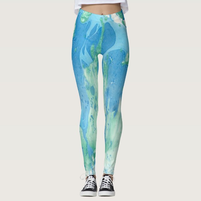 Customization Blue Green White Modern Abstract Leggings (Front)