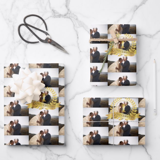 Customize 1st Anniversary Wedding Photo With Gold Wrapping Paper Sheet (Front)