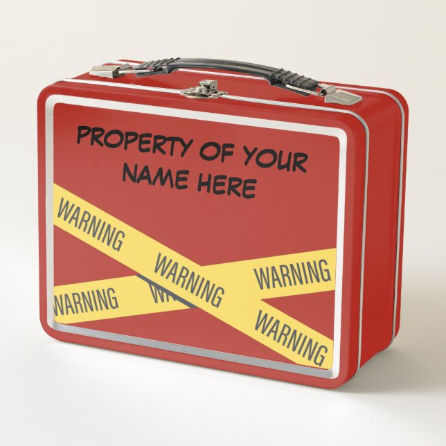 Customize-able "Property of" with warning tape  Metal Lunch Box (Front)