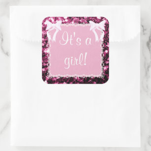 Customize Baby Girl Shower pink sparkles Square Sticker