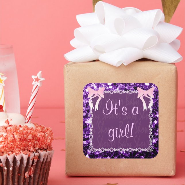 Customize Baby girl shower Purple Sparkles Square Sticker (Party)