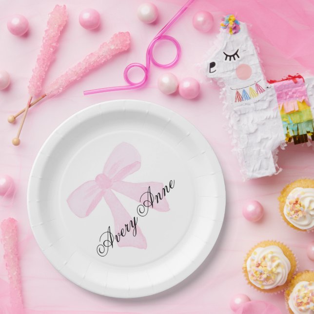 Customize baby shower pink bow paper plate (Party)