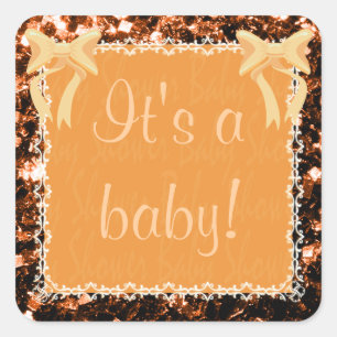 Customize Baby shower Unisex orange sparkles Square Sticker