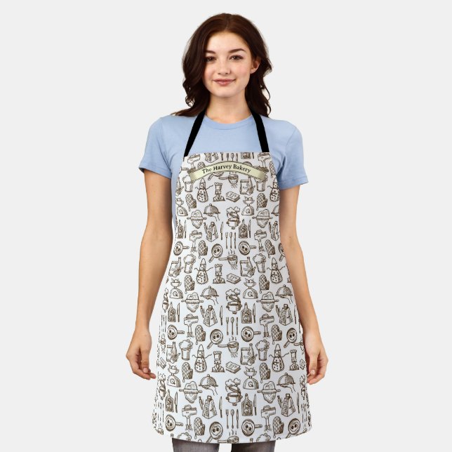 Customize Bakery Kitchen Symbol Pattern Black Whit Apron (Worn)