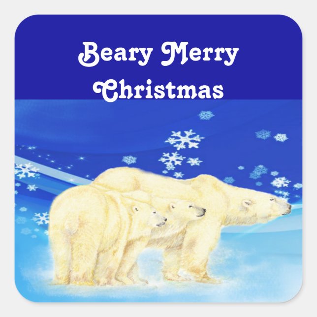 Customize Beary Merry Christmas Polar Bears Square Sticker (Front)