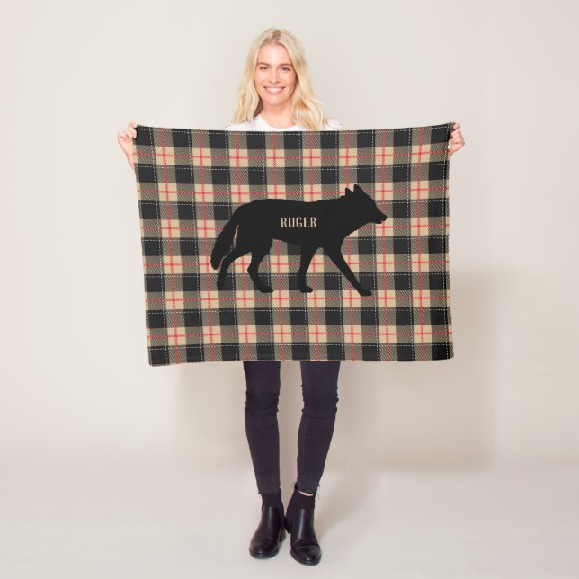 Customize Beige Buffalo Plaid Wild Coyote Dog Fleece Blanket (In Situ)