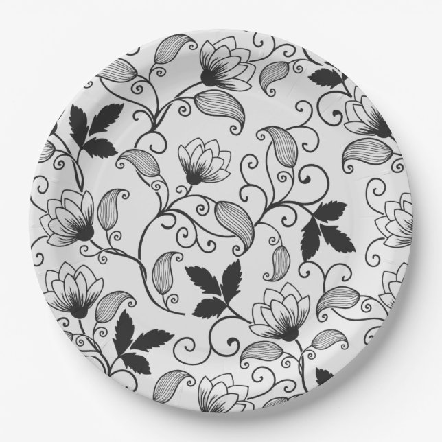 Customize Black Floral Pattern Paper Plate (Front)
