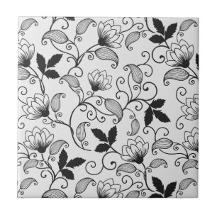 Customize Black Floral Pattern Tile