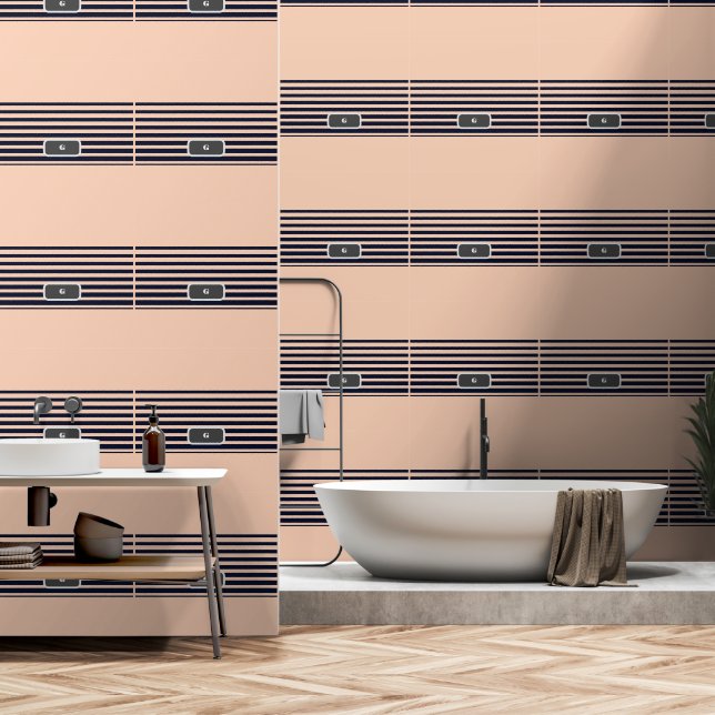 Customize Black & Pink Monogram  Stripes Wallpaper (Bathroom)